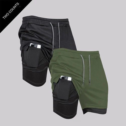 Men's Double Layer Fitness Shorts Men Fitness Gym Training 2 in 1
