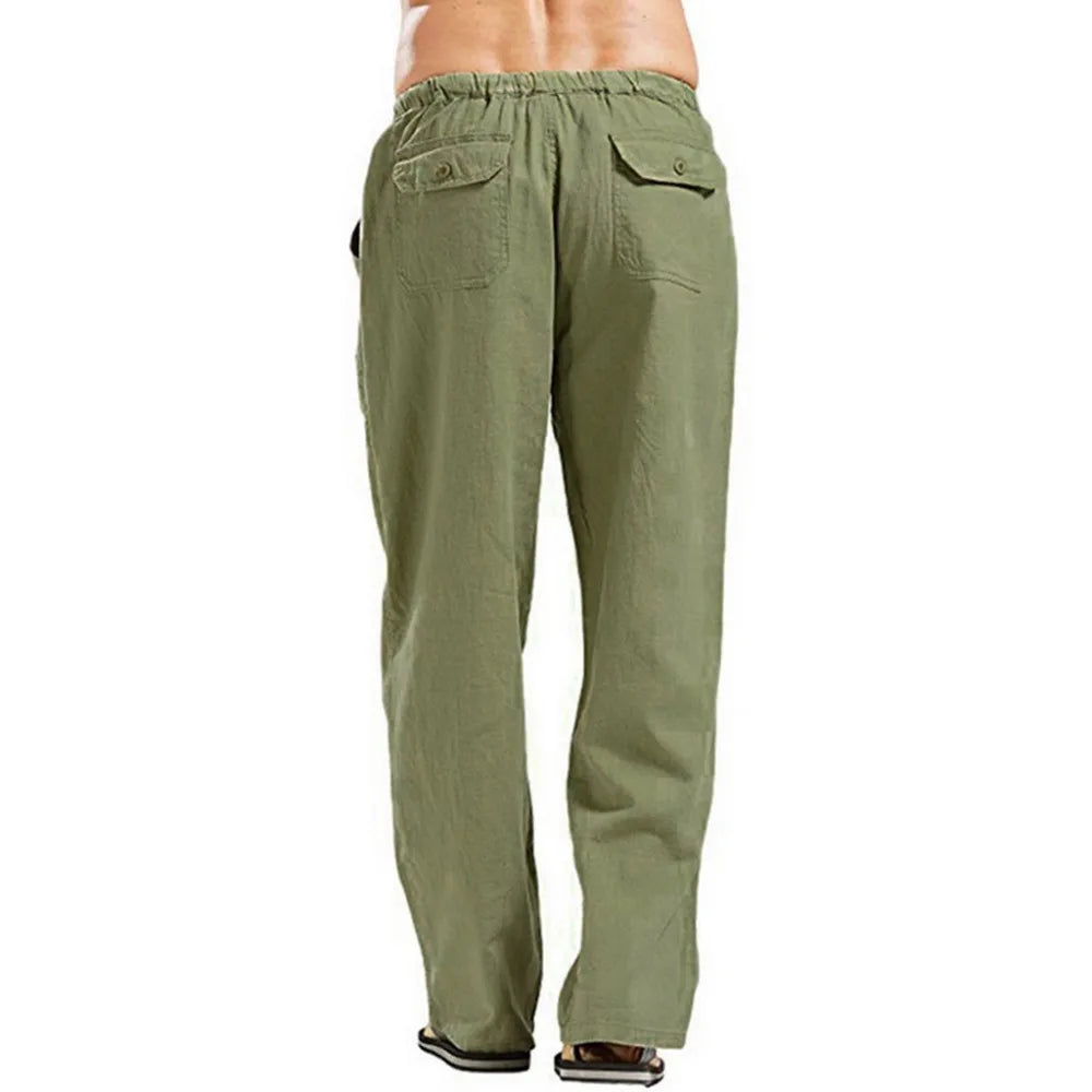 Men's Cotton Linen Pants Summer Solid Color Breathable Linen Trousers