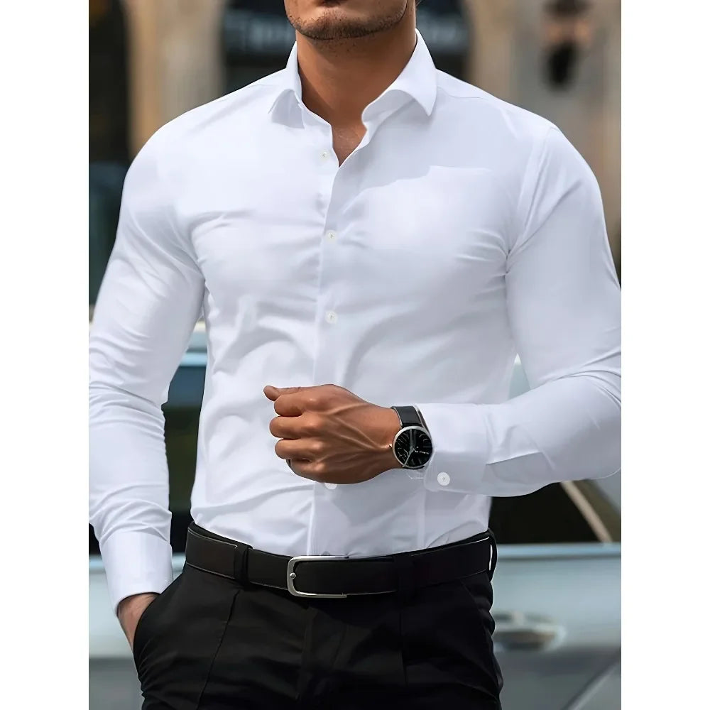 2025 Men's Shirt Brand New Solid Color Long Sleeve Smart Casual Four
