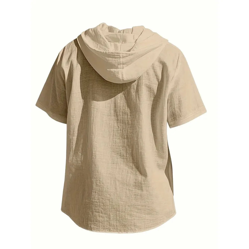 Cotton Linen Shirt for Men Hooded Short Sleeve Solid Color Breathable