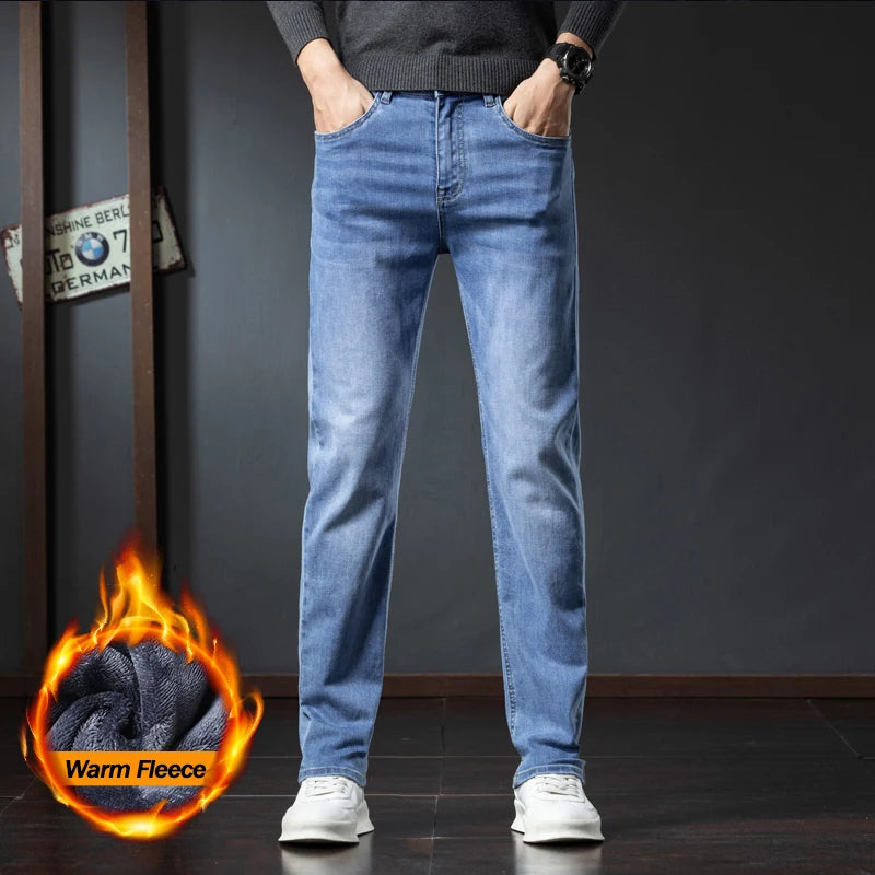 2025 Winter Fleece Jeans Men's Fashion Elastic Slim Straight Warm