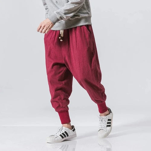 Cotton Linen Harem Pants Men Streetwear Joggers New Baggy Drop-crotch