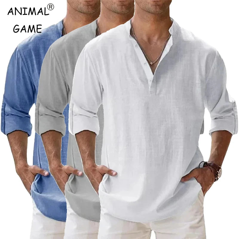 Streetwear Men Lightweight Shirts Long Sleeve Henley Cotton Linen