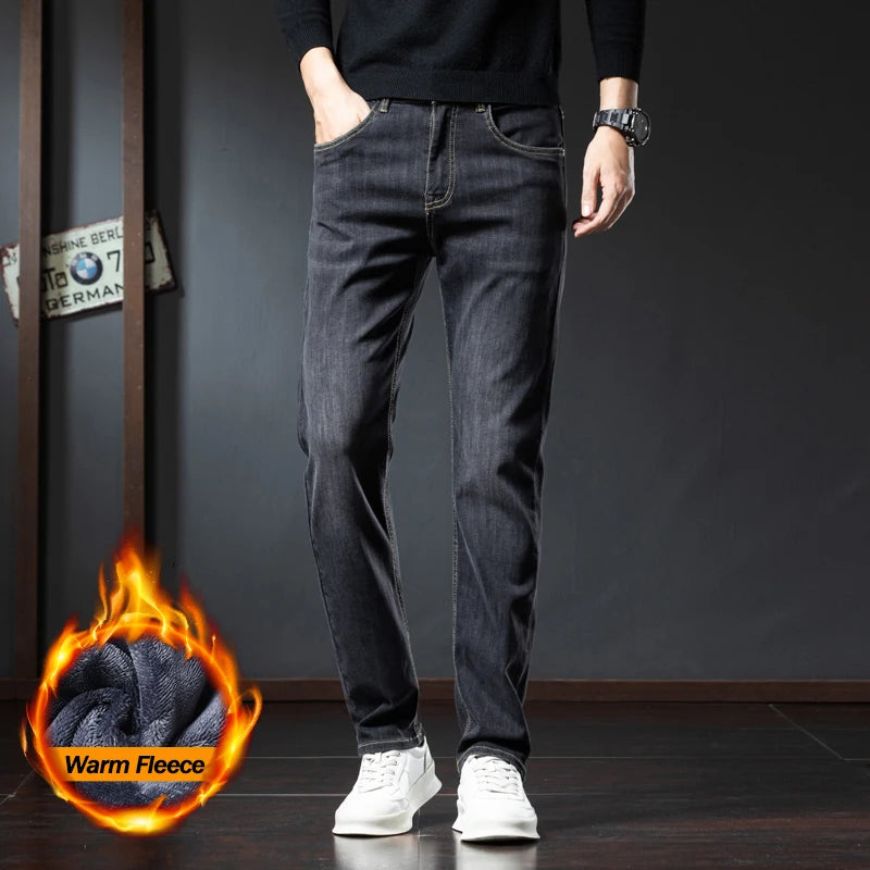 2025 Winter Fleece Jeans Men's Fashion Elastic Slim Straight Warm