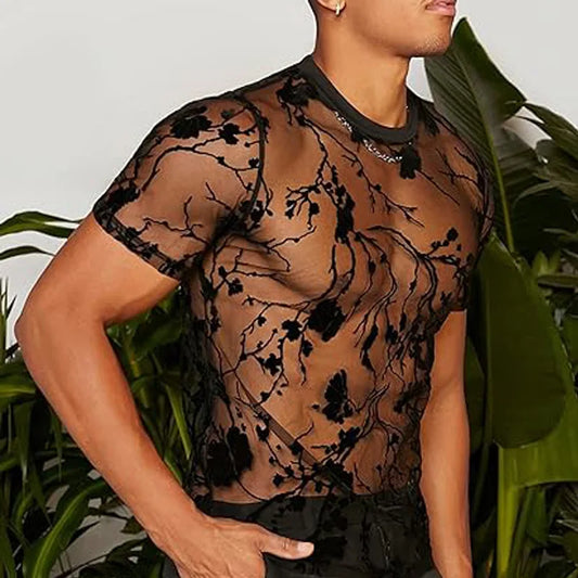 Summer Men's Clothing Mesh Lace Knit T-shirt Streetwear Hollow-Out O