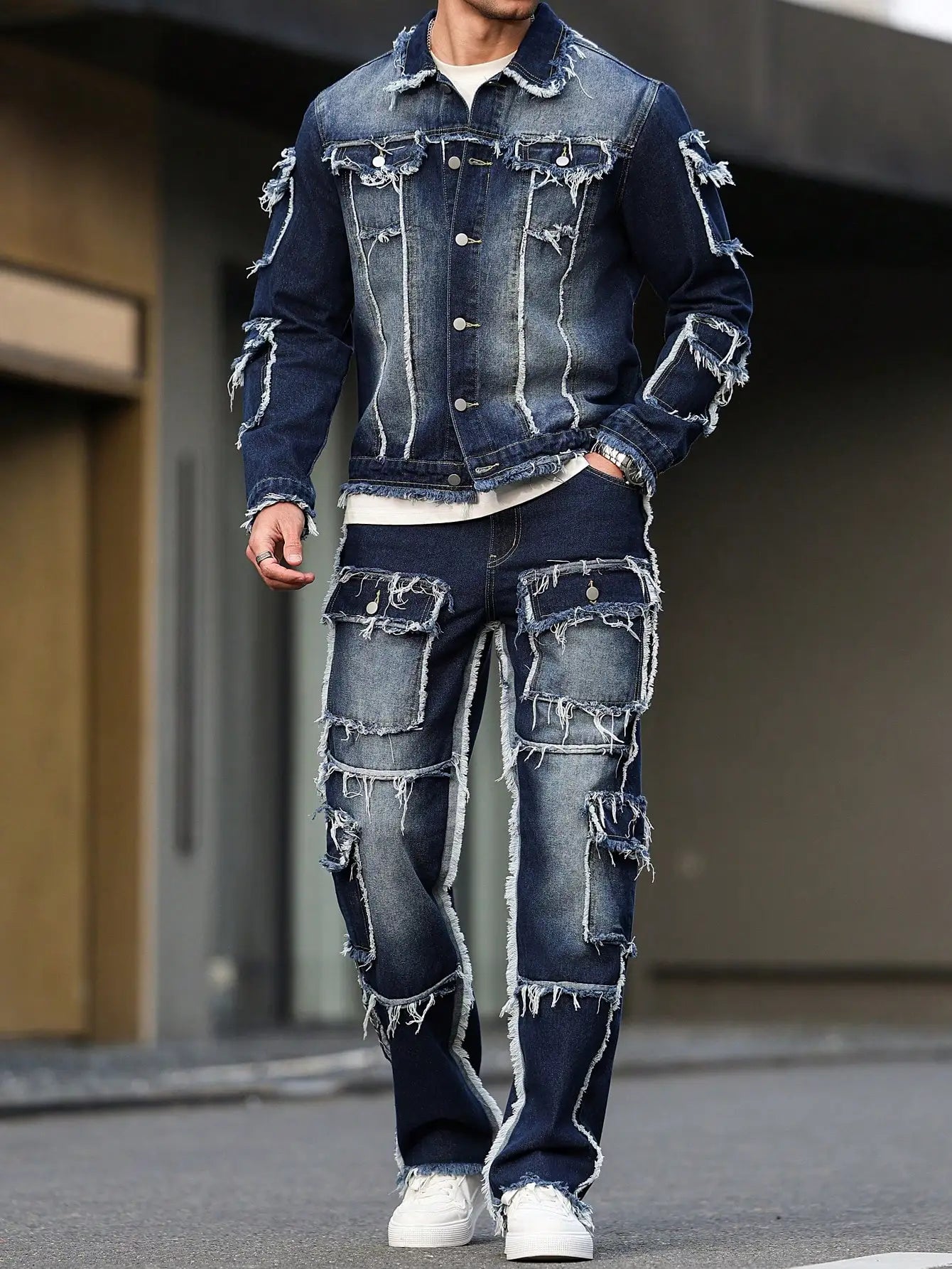 Men's spring and autumn denim suit, multi - pocket design, wide