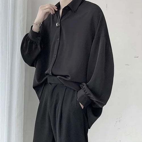 Korean Style Men's Long-sleeved Shirts Black Tie Cozy Casual Solid