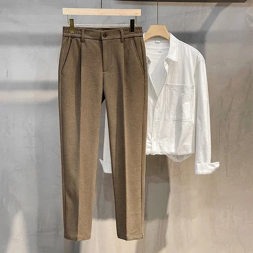 Autumn Winter Suit Pants Men Thick Business Elastic Waist Classic Grey