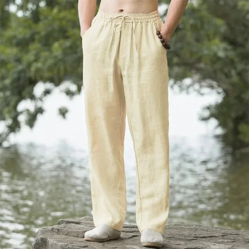 New Men's Beach Pants Joggers Fashion Cotton Linen Sweatpants Casual