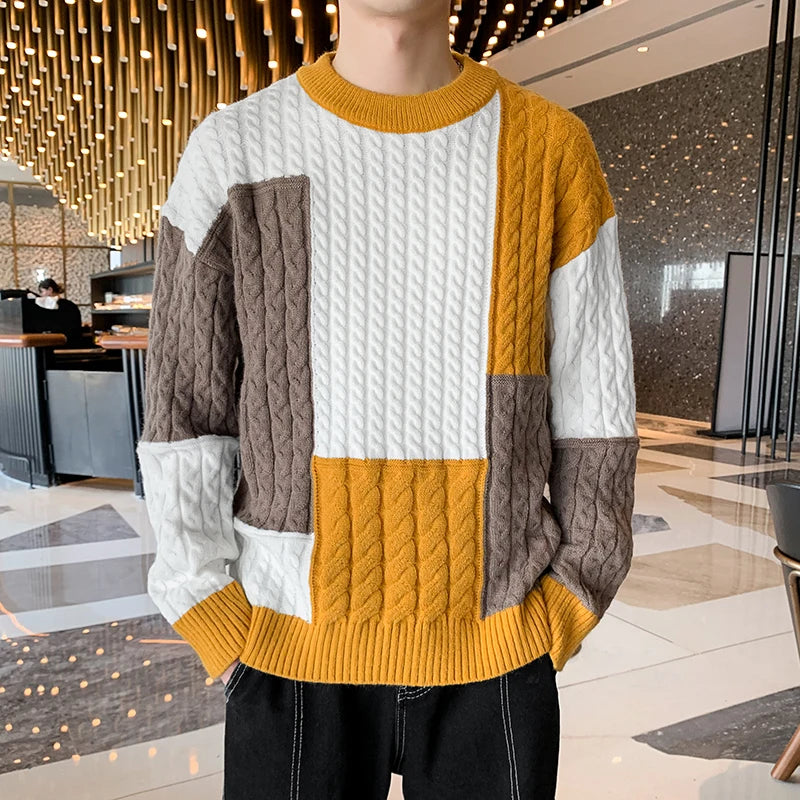 New Spring Winter Fashion Patchwork Loose Sweater Men Streetwear High