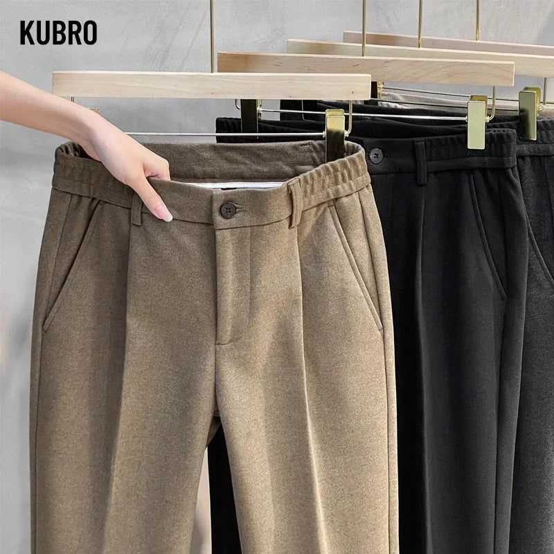 Autumn Winter Suit Pants Men Thick Business Elastic Waist Classic Grey