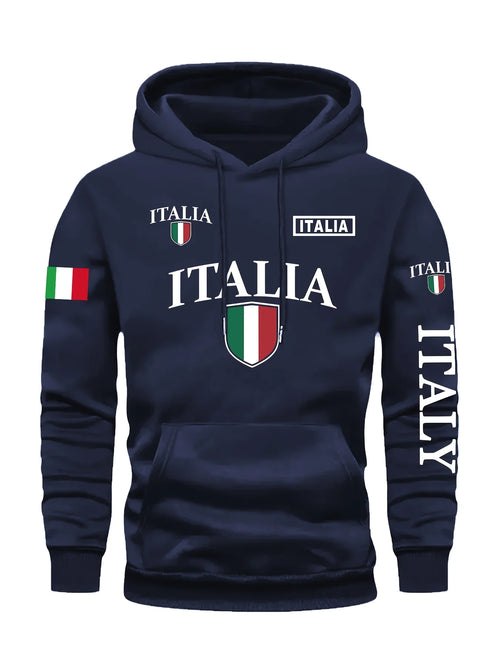 Men's Italy Flag Shield Bold ITALY Letter Print Hoodie Grey Casual