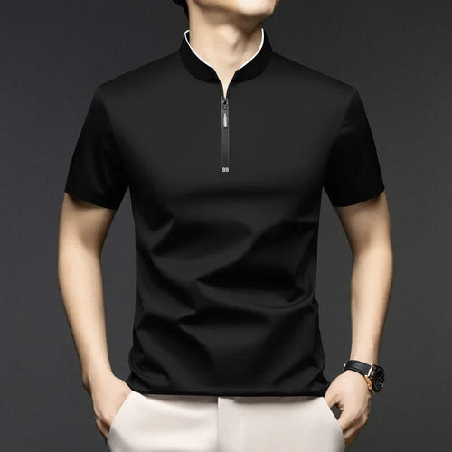 2025 New Men's Casual Fashion Zipper Solid Color Short Sleeved Polo