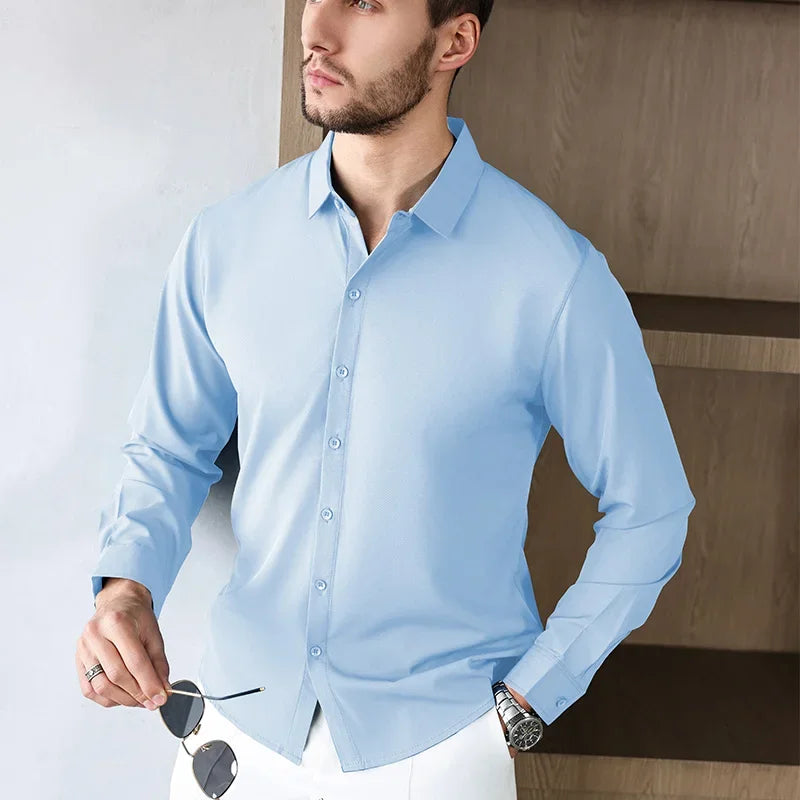 New Men's Business Casual Long Sleeved Solid Color Shirt Wrinkle