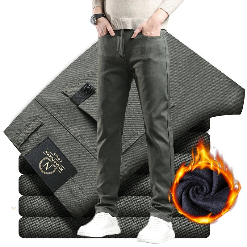 Winter New 2025 Fleece Pants Men's Thick Slim Elastic Business Casual