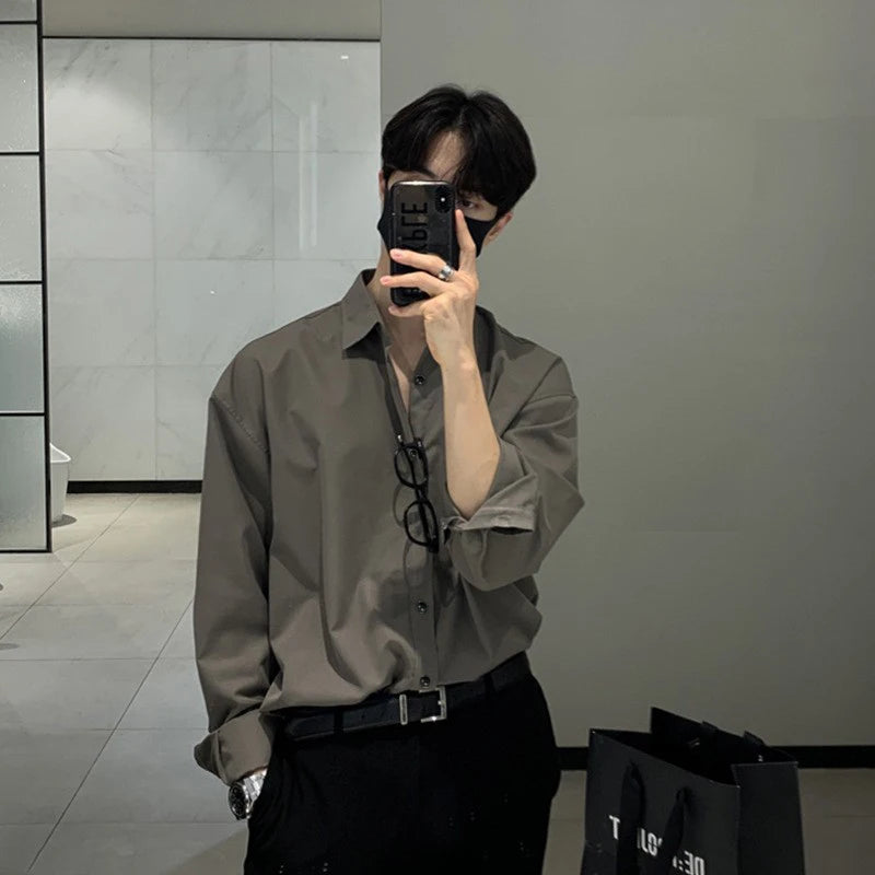 New Korean Business Men Shirts Light Luxury Slim-fit Solid Color Long