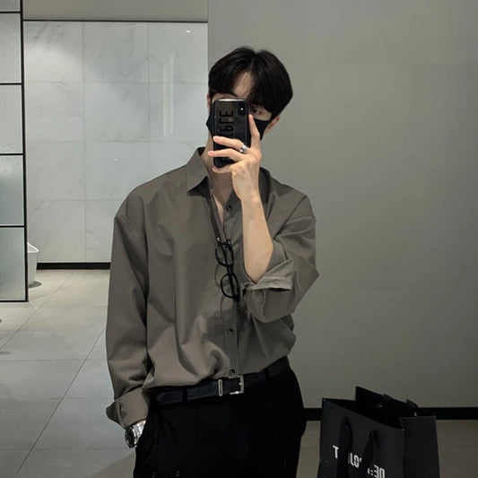 New Korean Business Men Shirts Light Luxury Slim-fit Solid Color Long