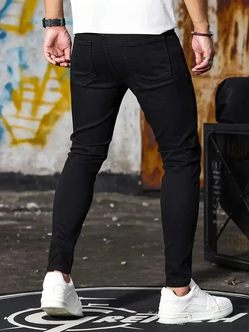 Men Jeans Stretch Skinny Denim Pants Solid Color Black Blue Spring