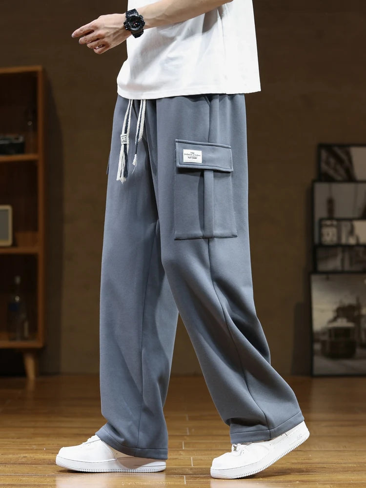 Spring Autumn Multi-Pockets Sweatpants Men Drawstring Waist Sportswear