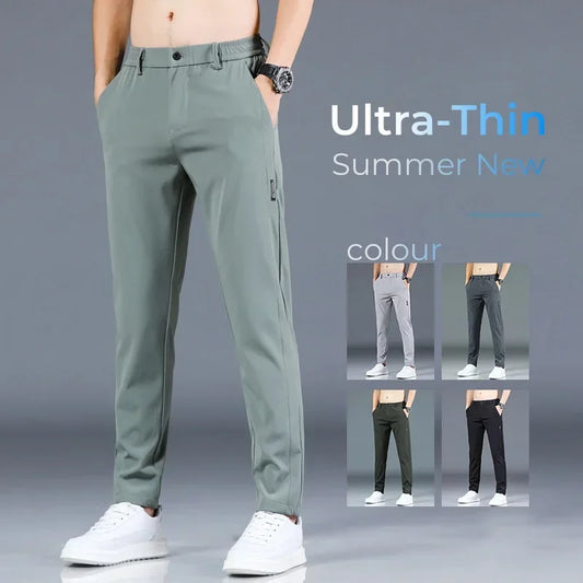 2024 Summer New Thin Ice Silk Stretch Men's Pants Casual Elastic Waist