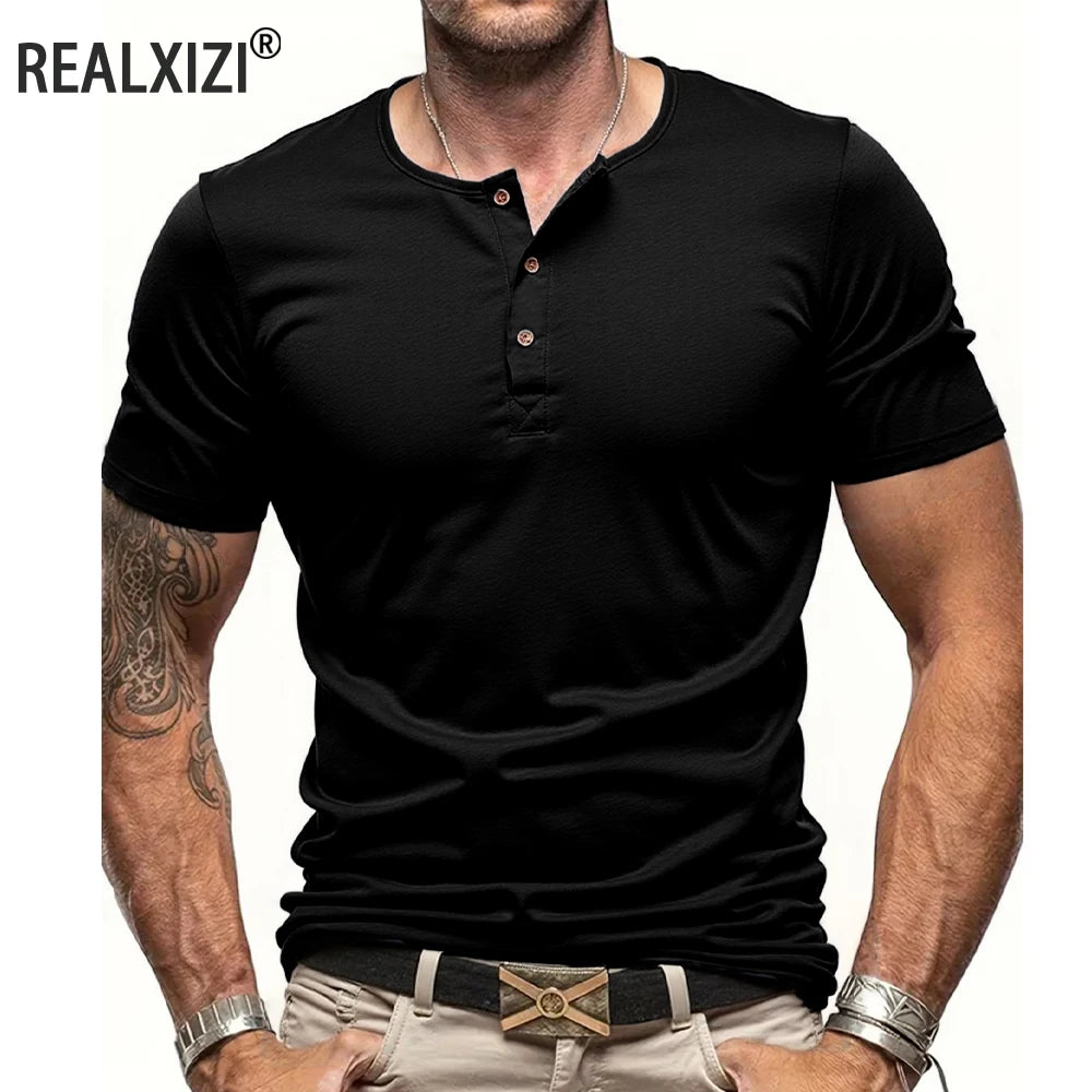 Men's Short Sleeve Henley Neck T-shirt Solid Color Male Tops Slim Fit
