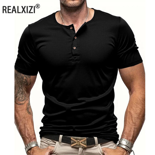 Men's Short Sleeve Henley Neck T-shirt Solid Color Male Tops Slim Fit