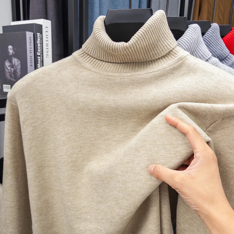 Autumn Mens High Quality Knitted Turtleneck Sweater Slim Fit Long