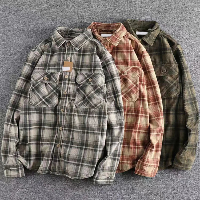 Japanese Vintage Men's Plaid Long Sleeve Shirt Spring Autumn Fashion