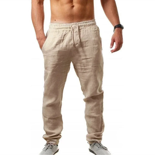 Men's Cotton Linen Pant Loose Breathable Elastic Waist Pants Solid