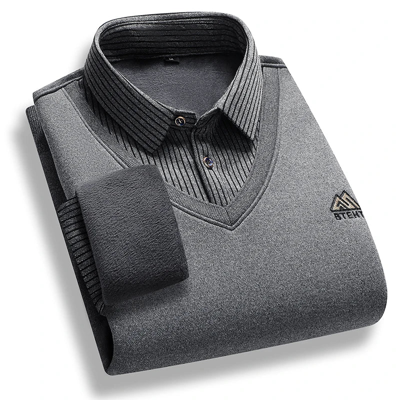 Men's Fleece Lined Sweater Polo Collar Pullover Tops Fake Two Piece