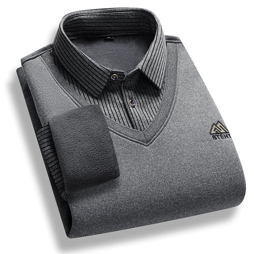Men's Fleece Lined Sweater Polo Collar Pullover Tops Fake Two Piece