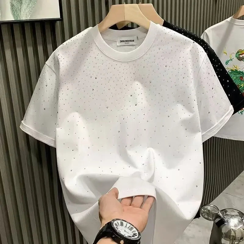 Summer Men Clothing Summer Rhinestone Rivet T-shirt Round Neck Casual