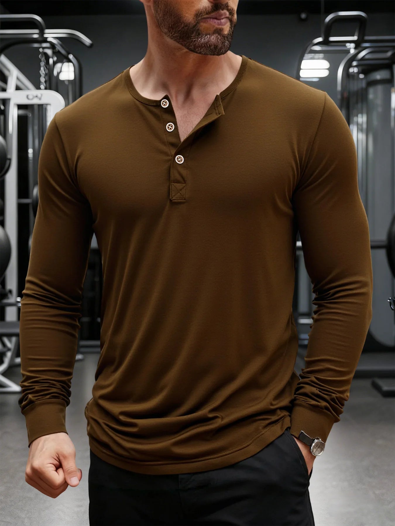 Men's T Shirt Autumn Button Long Sleeve Henley Neck T-Shirt Solid