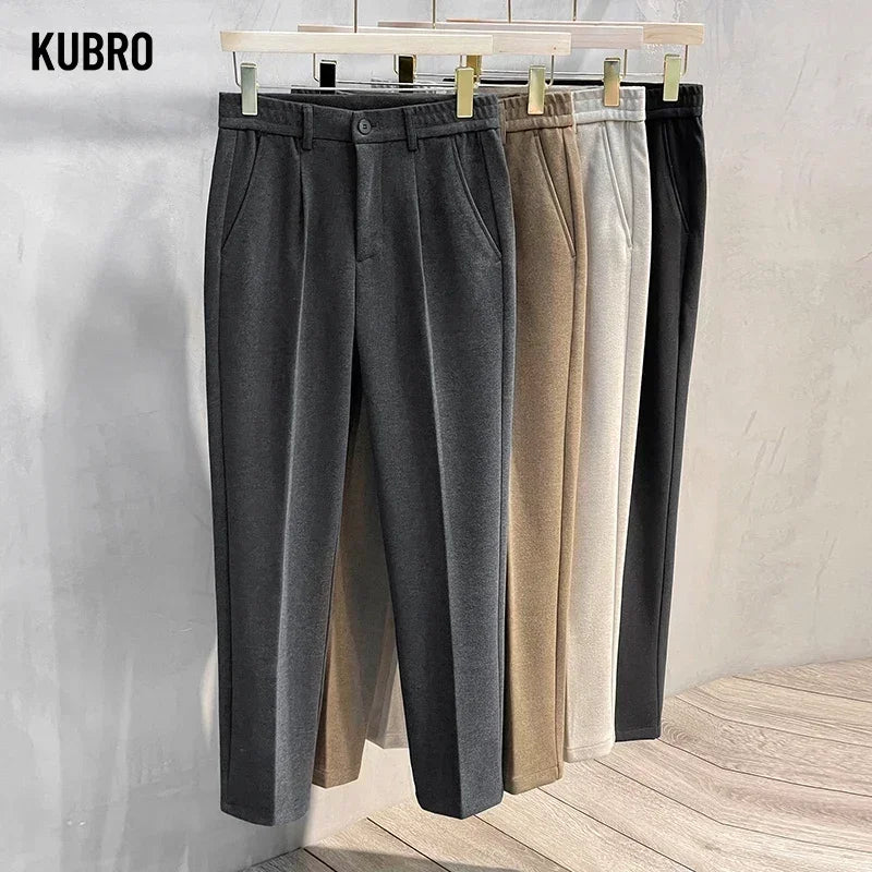 Autumn Winter Suit Pants Men Thick Business Elastic Waist Classic Grey