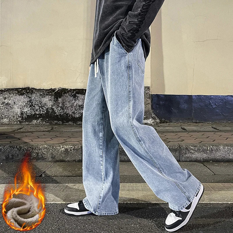Men's Winter Fleece Loose Jeans Velvet Warm Elastic Waist Wide Leg Y2K