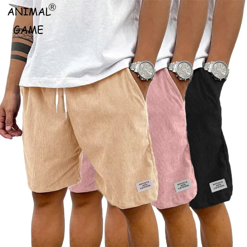 Summer Men's Solid Corduroy Shorts with Drawstring Casual Elastic