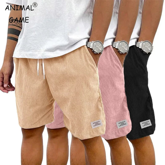 Summer Men's Solid Corduroy Shorts with Drawstring Casual Elastic
