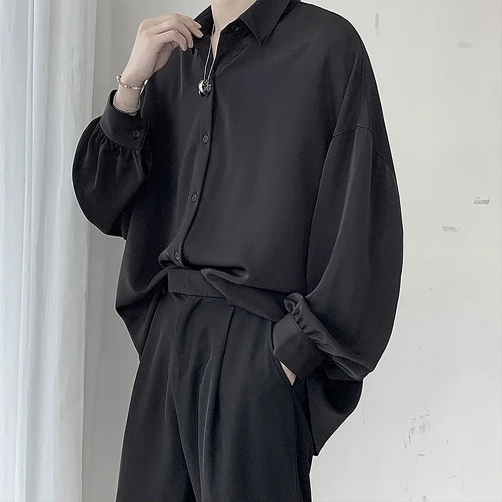 Korean Style Men's Long-sleeved Shirts Black Tie Cozy Casual Solid