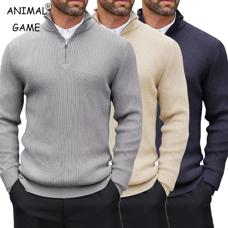 Autumn Men's Quarter Zip Pullover Dress Slim Sweater Mock Neck