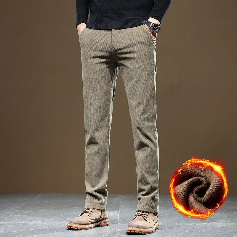 2025 New Winter Fleece Warm Corduroy Pants Men Business Fashion Slim