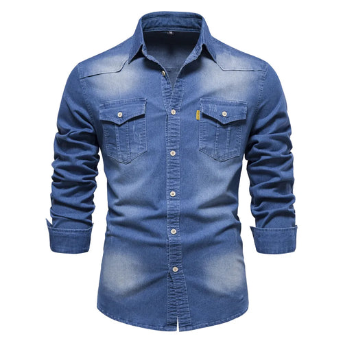 AIOPESON Brand Elastic Cotton Denim Shirt Men Long Sleeve Quality