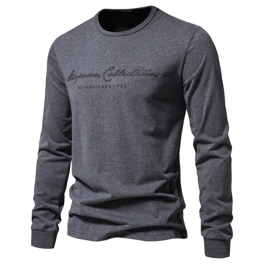 AIOPESON 100% Cotton Long Sleeve Men's T-shirt Solid Color Letter