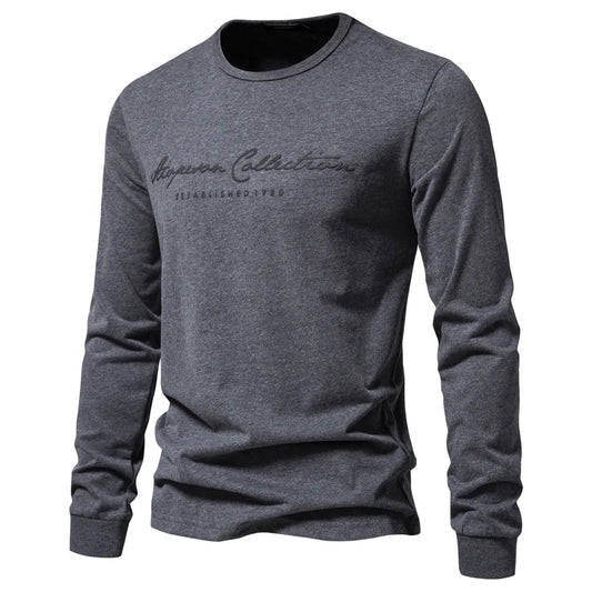 AIOPESON 100% Cotton Long Sleeve Men's T-shirt Solid Color Letter