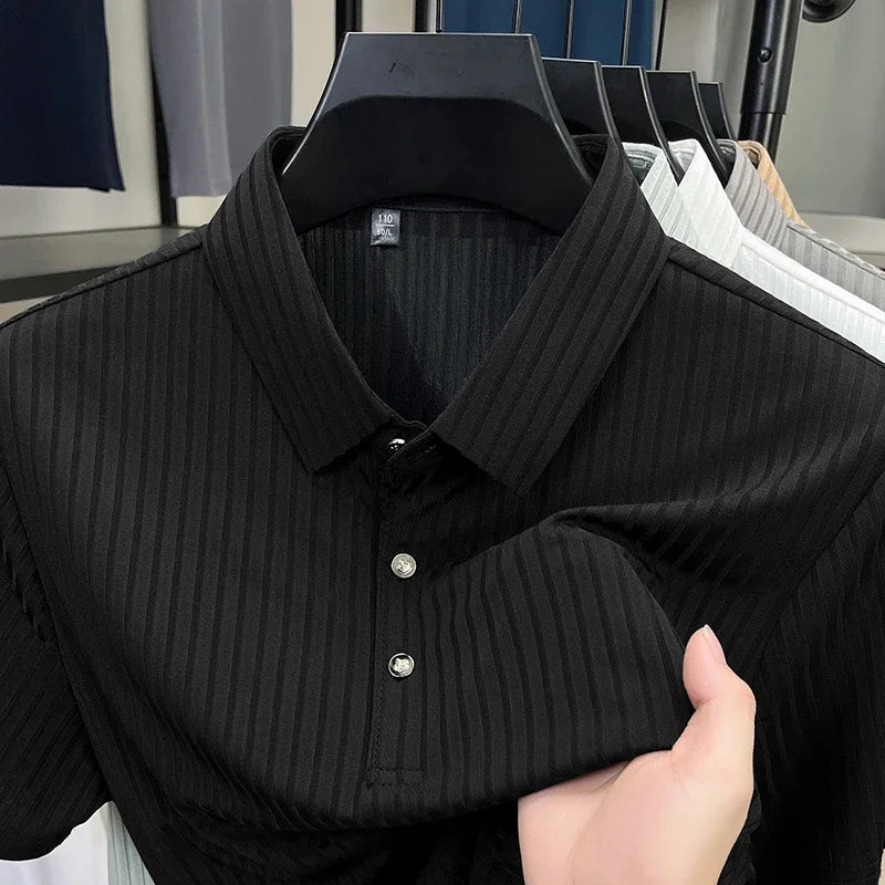 2025 New Men's Casual Fashion Striped Short Sleeved Collar Polo Shirt