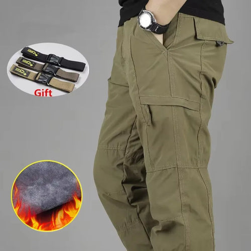 Men's Fleece Cargo Pants Winter Plush Tactical Pants Casual Joggers