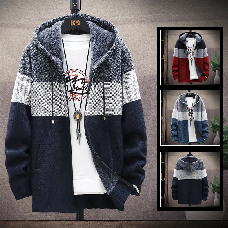 Men's Knit Sweater Fleece Coat Striped Jackets Fashion Hoodies Winter
