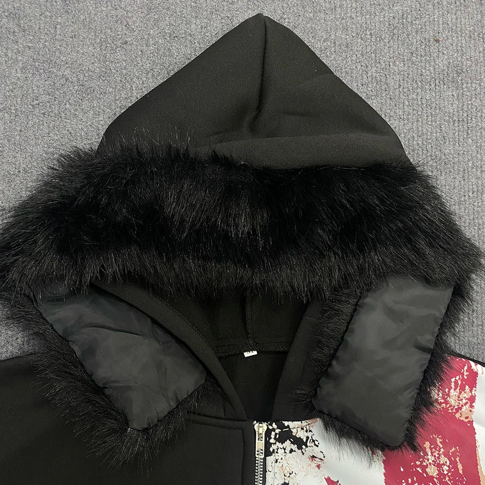 Retro Y2K Ins Fur Collar Printed Zipper Sweatshirt Long Sleeved
