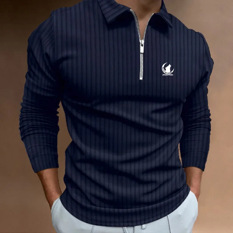 Men Clothes New Long Sleeve Zipper Stripe Polo Shirt Casual Men Polo