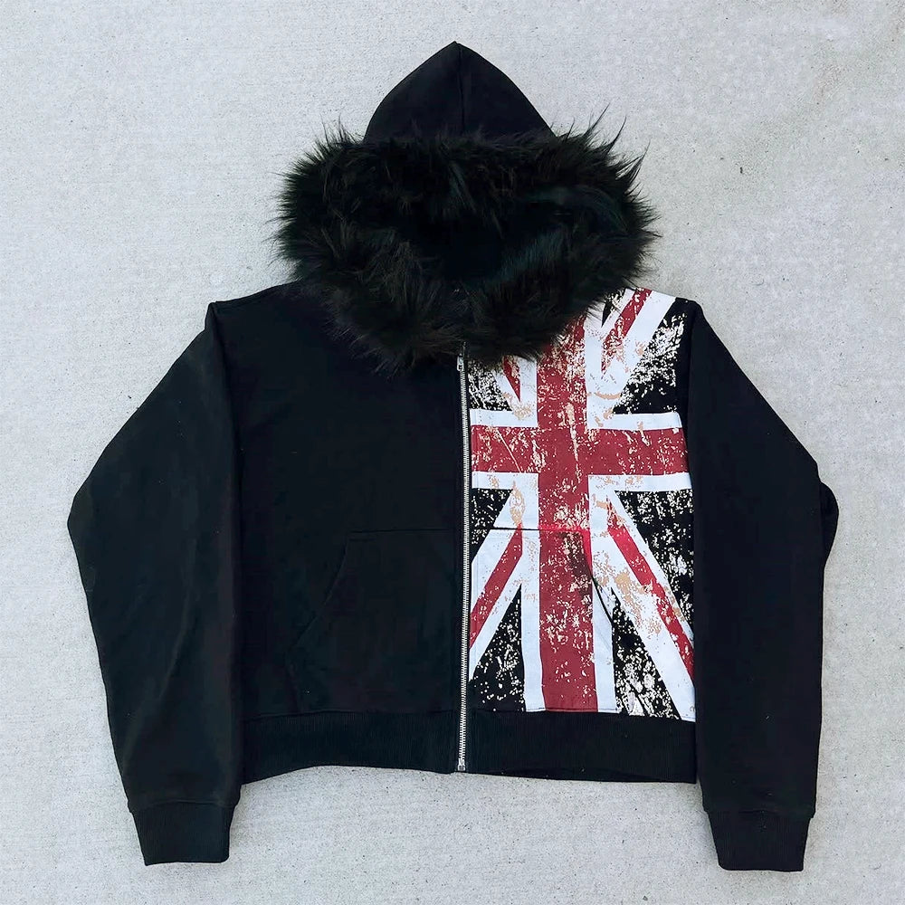 Retro Y2K Ins Fur Collar Printed Zipper Sweatshirt Long Sleeved