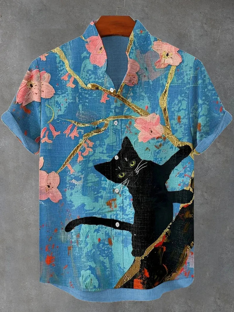 Men's Cat Graphics Shirts Short Sleeved Button Down Lapel Shirt For